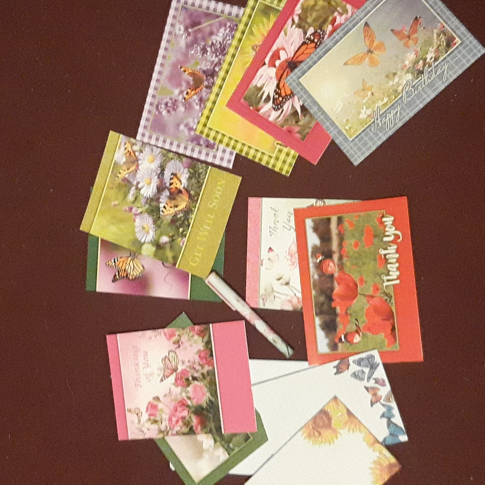 10 set of cards with envelopes, two notepads, and a pen, butterfly themed set